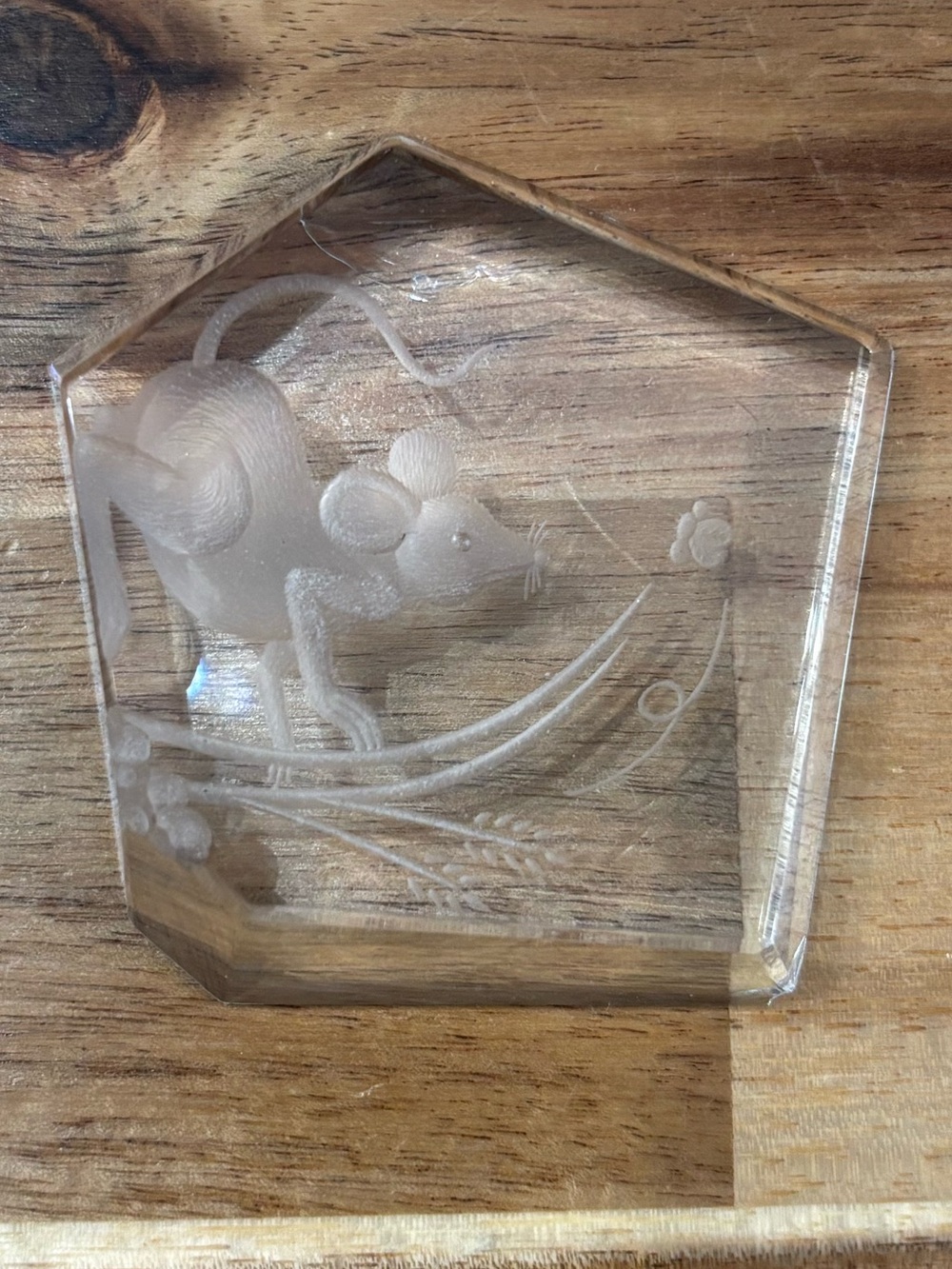 Clear Glass Pentagonal Paperweight with Etched Floral Design